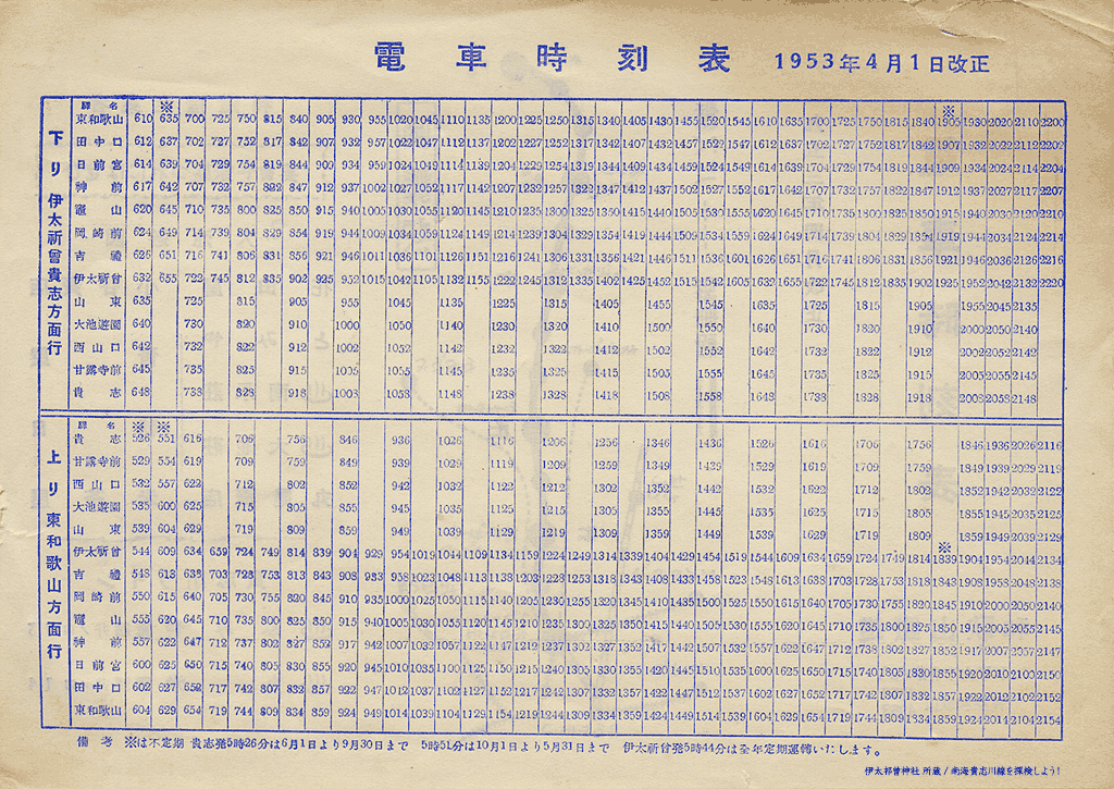 和歌山鉄道1953年時刻表(裏)